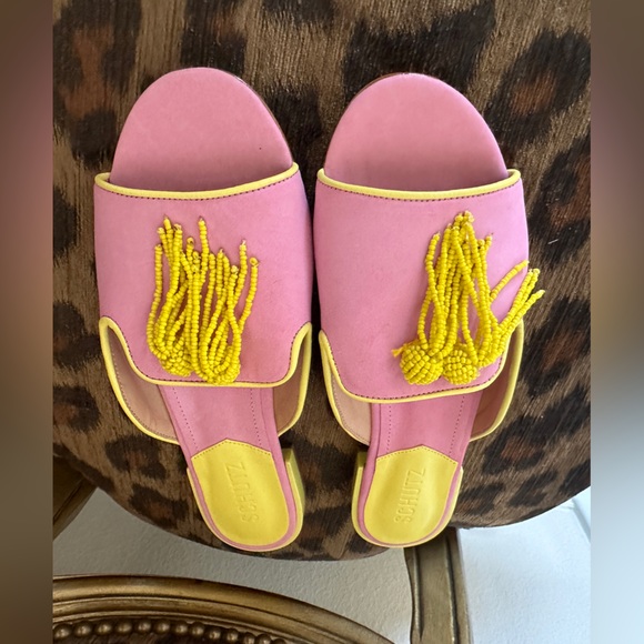 NWT Schutz Jannis Flat Pink Open Toe Slip On Embellished Tassel Sandals SZ 38.5 - Picture 7 of 7